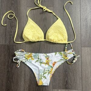 Yellow Crochet Bikini Set Top with Floral Bottom S / M